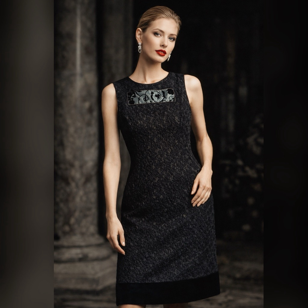 Moschino Vintage 90s Textured Black Sheath Dress Velvet Trim‎ Size 8 Deadstock